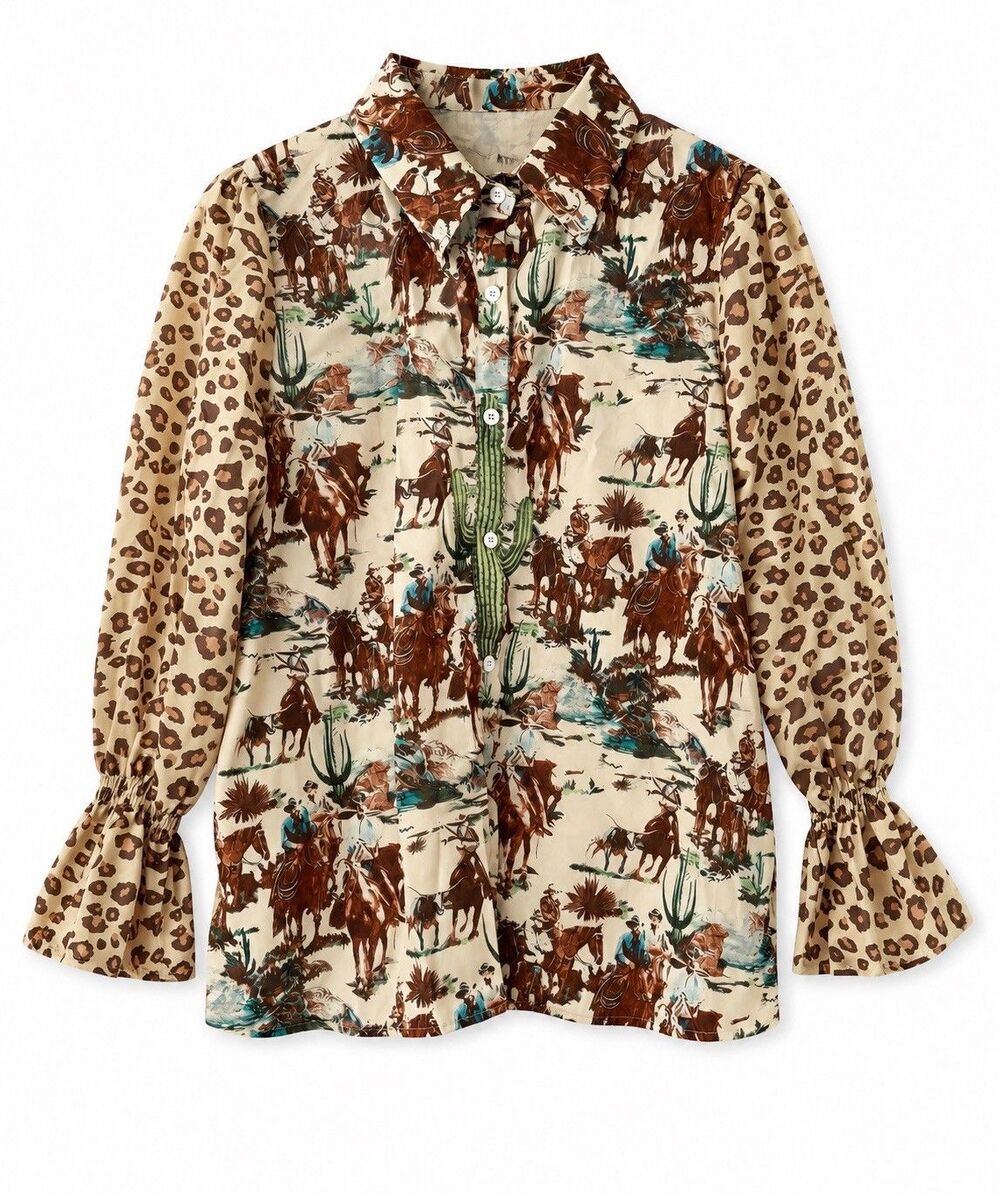 Western Cowboy Leopard Blouse Large - Picture 2 of 8
